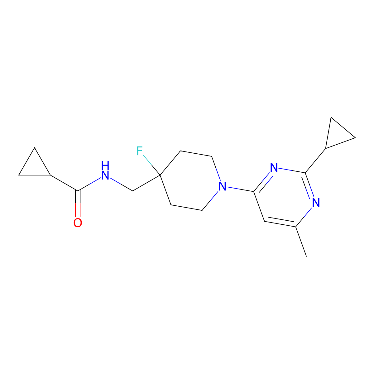 N-{[1-(2-cyclopropyl-6-methylpyrimidin-4-yl)-4-fluoropiperidin-4-yl]methyl}cyclopropanecarboxamide molecular structure, CAS 2877672-88-1