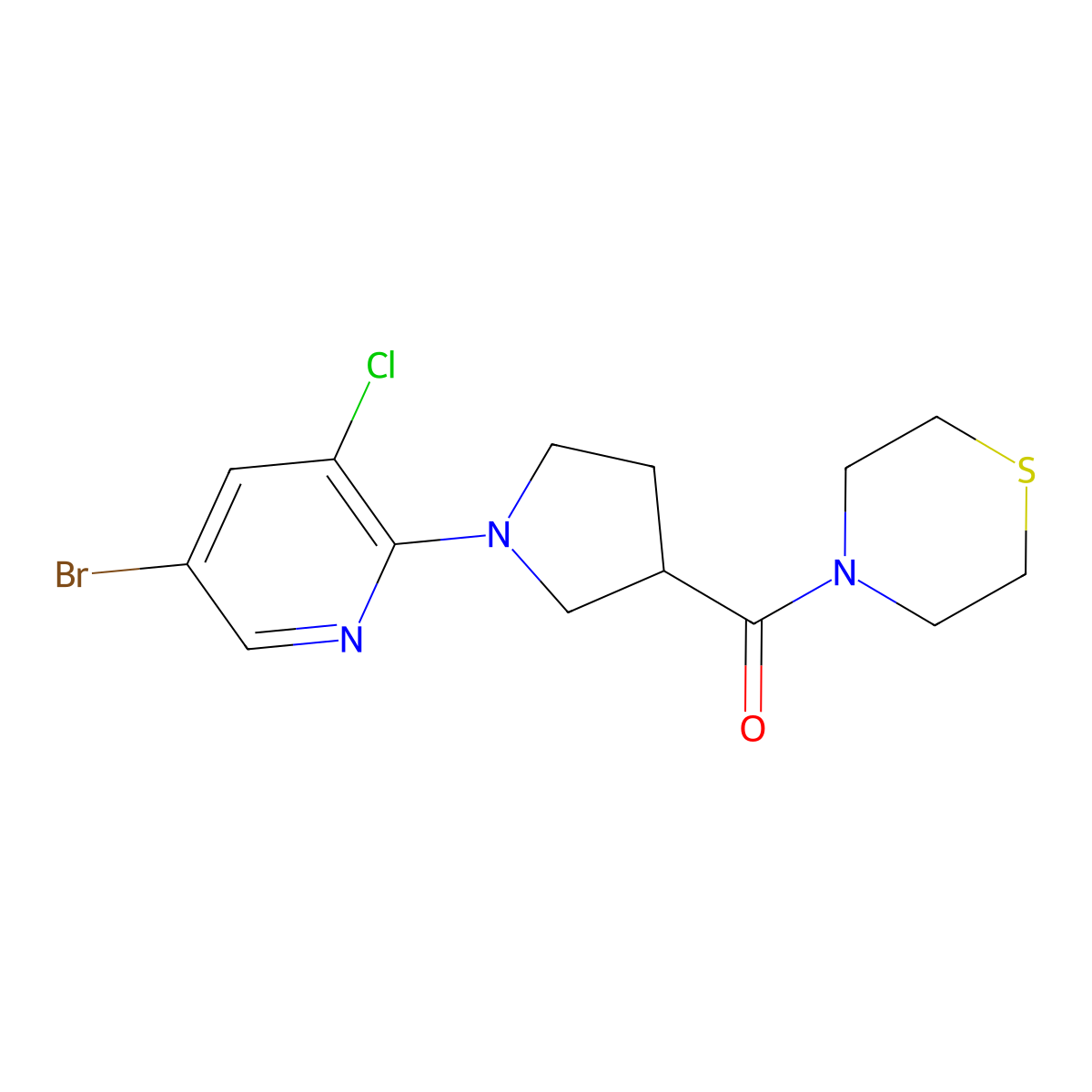 4-[1-(5-Bromo-3-chloropyridin-2-yl)pyrrolidine-3-carbonyl]thiomorpholine molecular structure, CAS 2877672-96-1