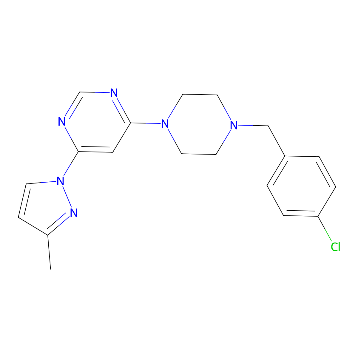 4-{4-[(4-chlorophenyl)methyl]piperazin-1-yl}-6-(3-methyl-1H-pyrazol-1-yl)pyrimidine molecular structure, CAS 2877673-00-0