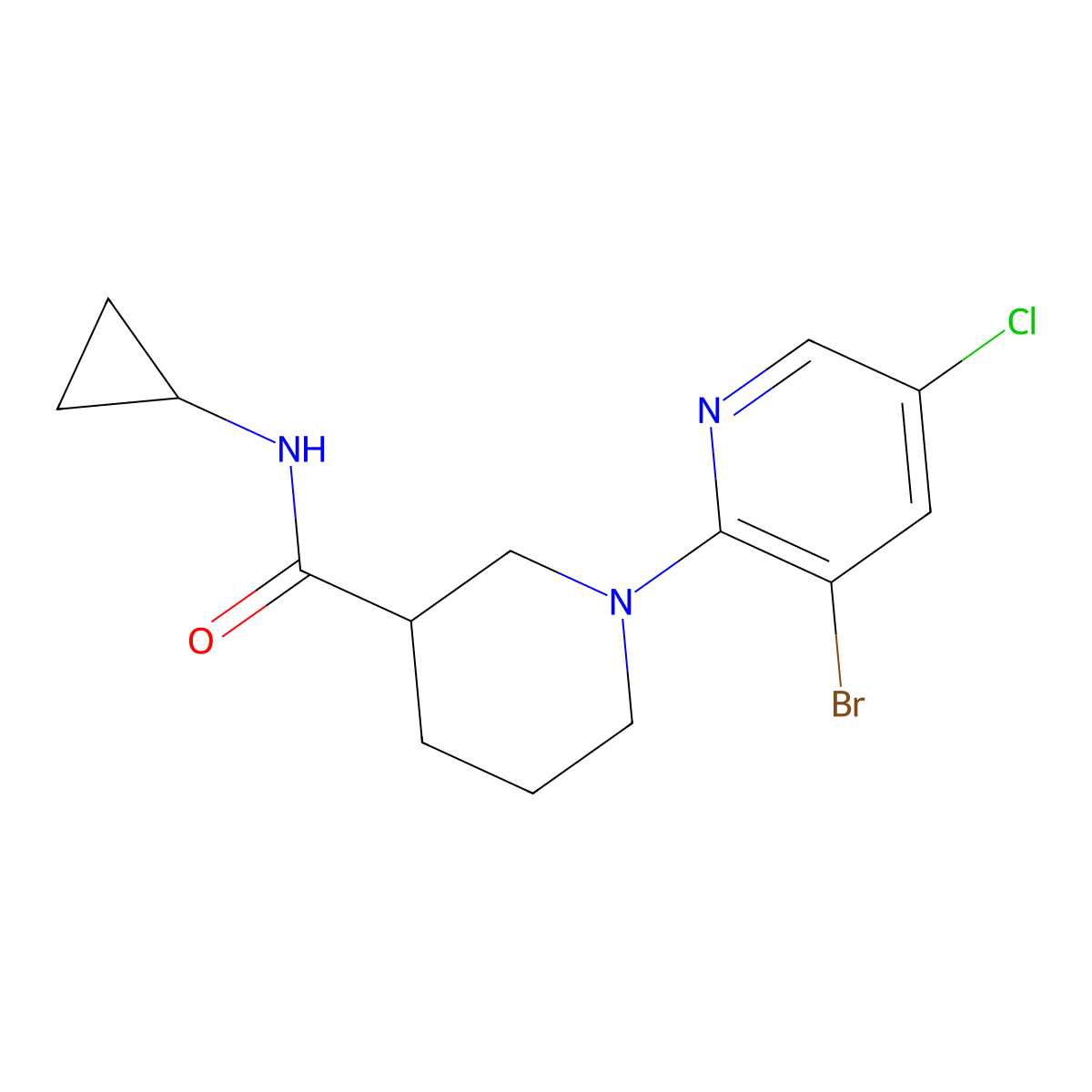 1-(3-bromo-5-chloropyridin-2-yl)-N-cyclopropylpiperidine-3-carboxamide molecular structure, CAS 2877673-01-1