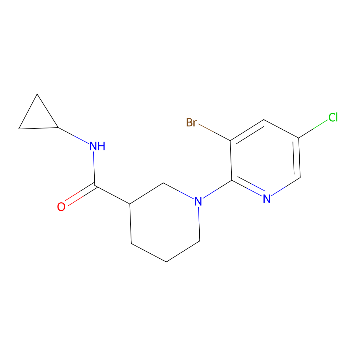 1-(3-bromo-5-chloropyridin-2-yl)-N-cyclopropylpiperidine-3-carboxamide molecular structure, CAS 2877673-01-1