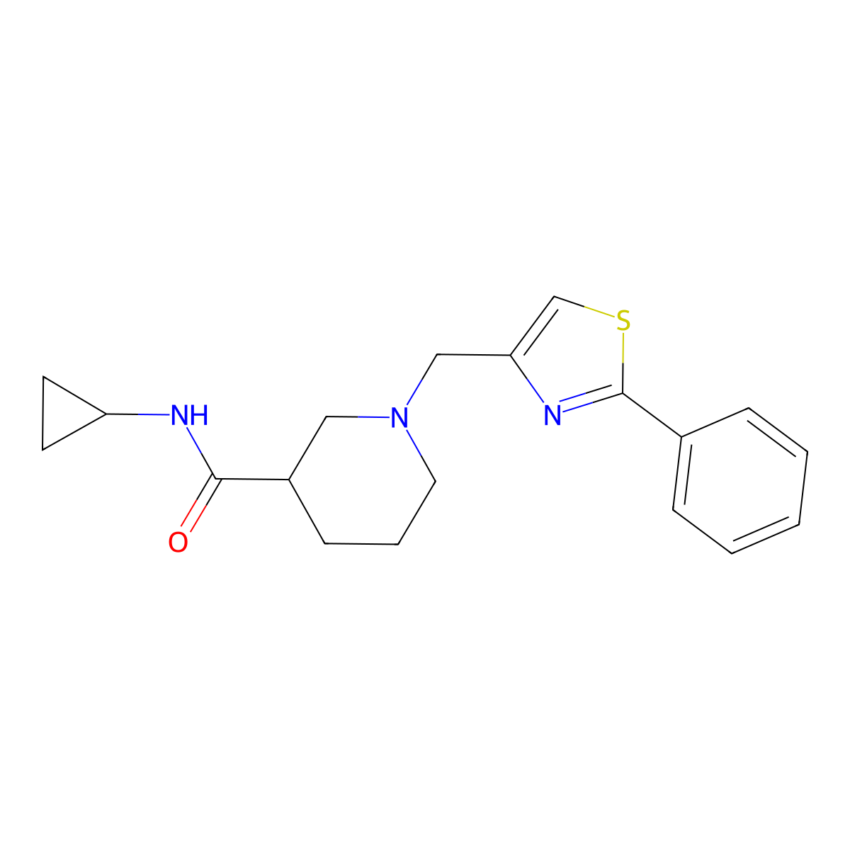 N-cyclopropyl-1-[(2-phenyl-1,3-thiazol-4-yl)methyl]piperidine-3-carboxamide molecular structure, CAS 2877673-21-5