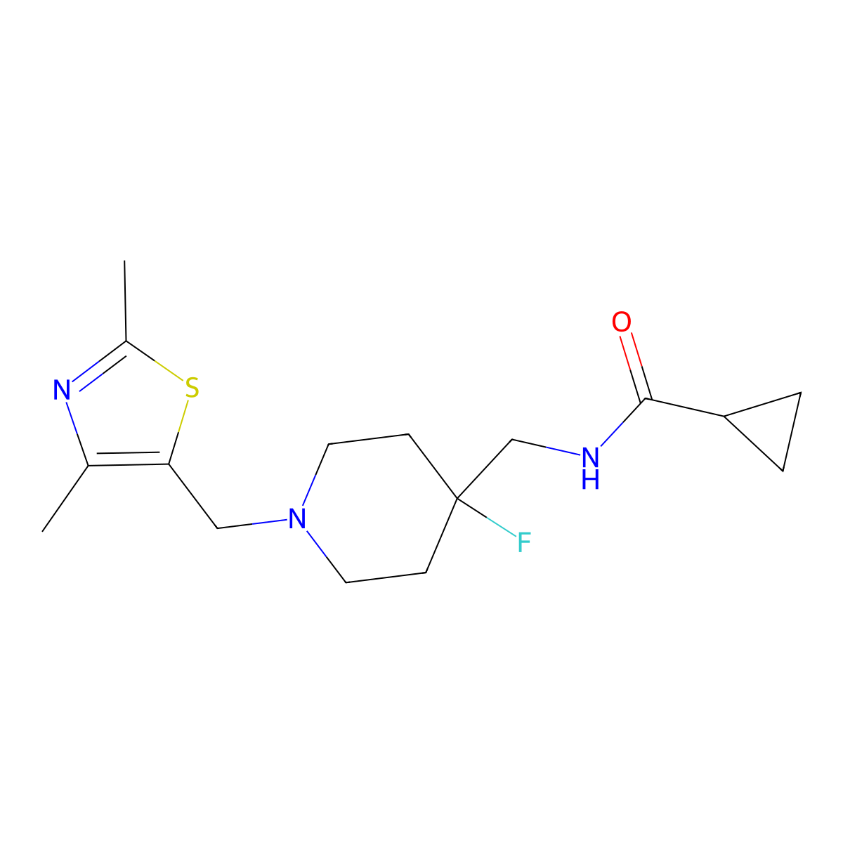 N-({1-[(2,4-dimethyl-1,3-thiazol-5-yl)methyl]-4-fluoropiperidin-4-yl}methyl)cyclopropanecarboxamide molecular structure, CAS 2877673-28-2