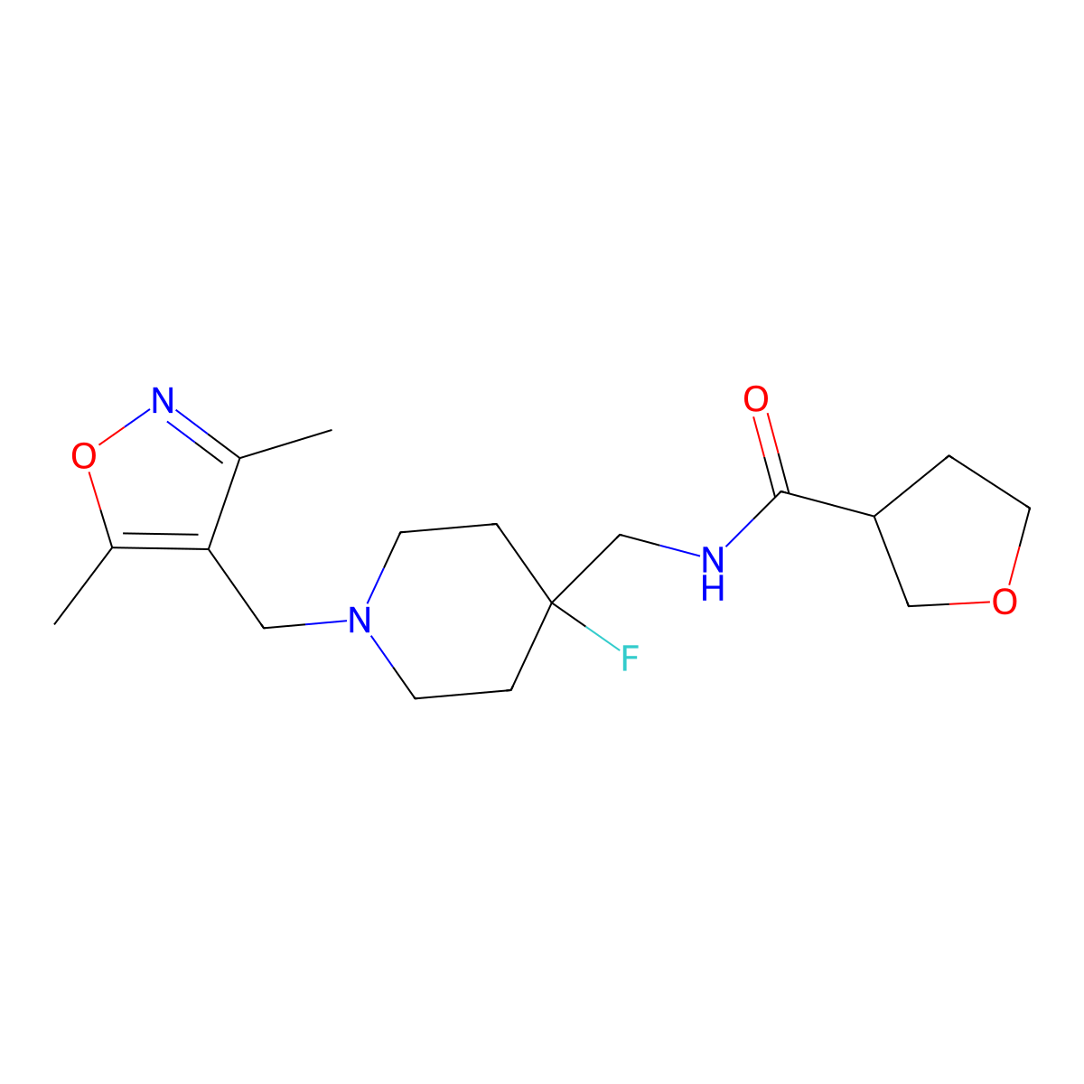 N-({1-[(3,5-dimethyl-1,2-oxazol-4-yl)methyl]-4-fluoropiperidin-4-yl}methyl)oxolane-3-carboxamide molecular structure, CAS 2877673-30-6