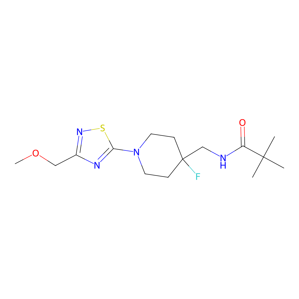 N-({4-fluoro-1-[3-(methoxymethyl)-1,2,4-thiadiazol-5-yl]piperidin-4-yl}methyl)-2,2-dimethylpropanamide molecular structure, CAS 2877673-36-2