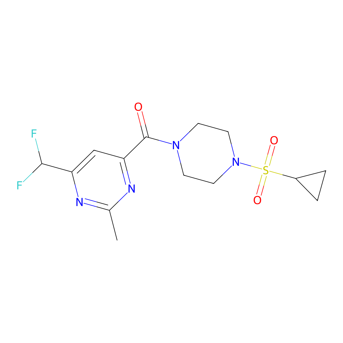 4-[4-(Cyclopropanesulfonyl)piperazine-1-carbonyl]-6-(difluoromethyl)-2-methylpyrimidine molecular structure, CAS 2877673-38-4