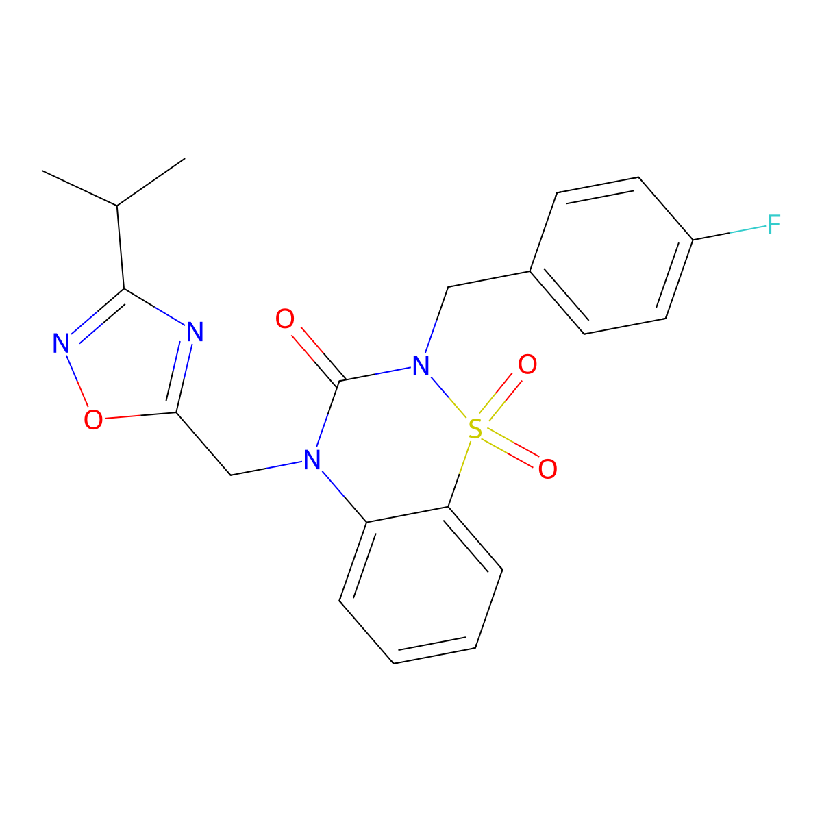 2-[(4-Fluorophenyl)methyl]-1,1-dioxo-4-[(3-propan-2-yl-1,2,4-oxadiazol-5-yl)methyl]-1lambda6,2,4-benzothiadiazin-3-one molecular structure, CAS 2877674-65-0
