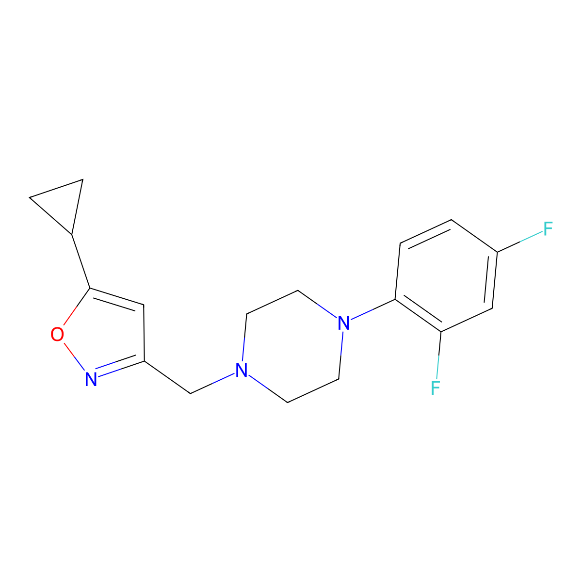 1-[(5-Cyclopropyl-1,2-oxazol-3-yl)methyl]-4-(2,4-difluorophenyl)piperazine molecular structure, CAS 2877674-68-3