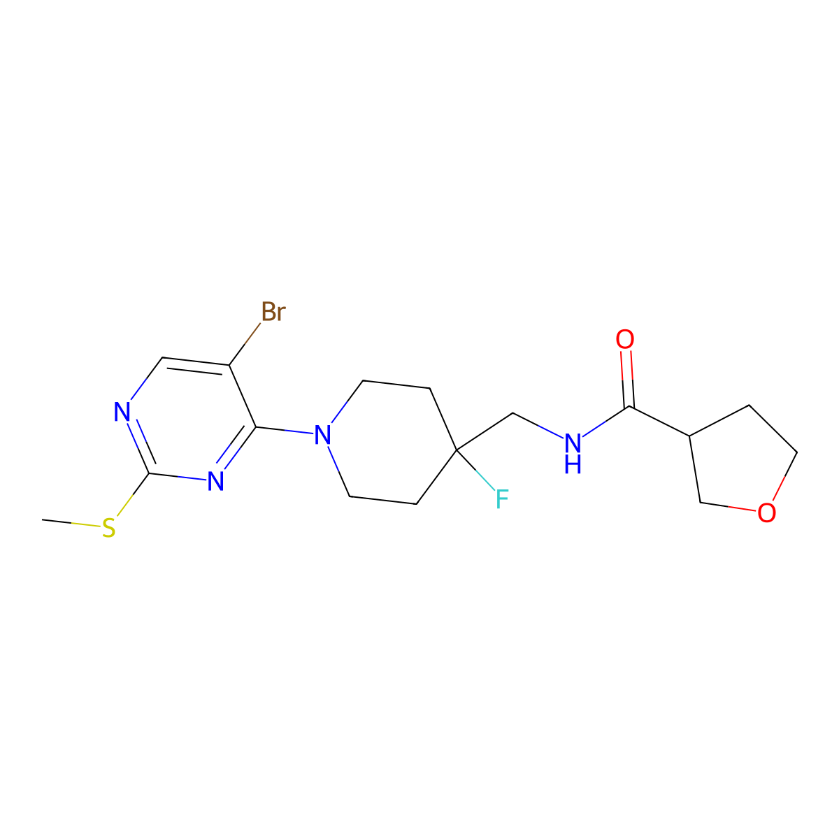 N-({1-[5-bromo-2-(methylsulfanyl)pyrimidin-4-yl]-4-fluoropiperidin-4-yl}methyl)oxolane-3-carboxamide molecular structure, CAS 2877674-71-8