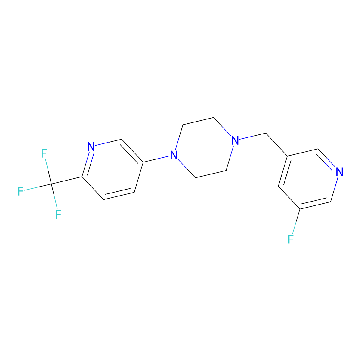 1-[(5-Fluoropyridin-3-yl)methyl]-4-[6-(trifluoromethyl)pyridin-3-yl]piperazine molecular structure, CAS 2877674-75-2