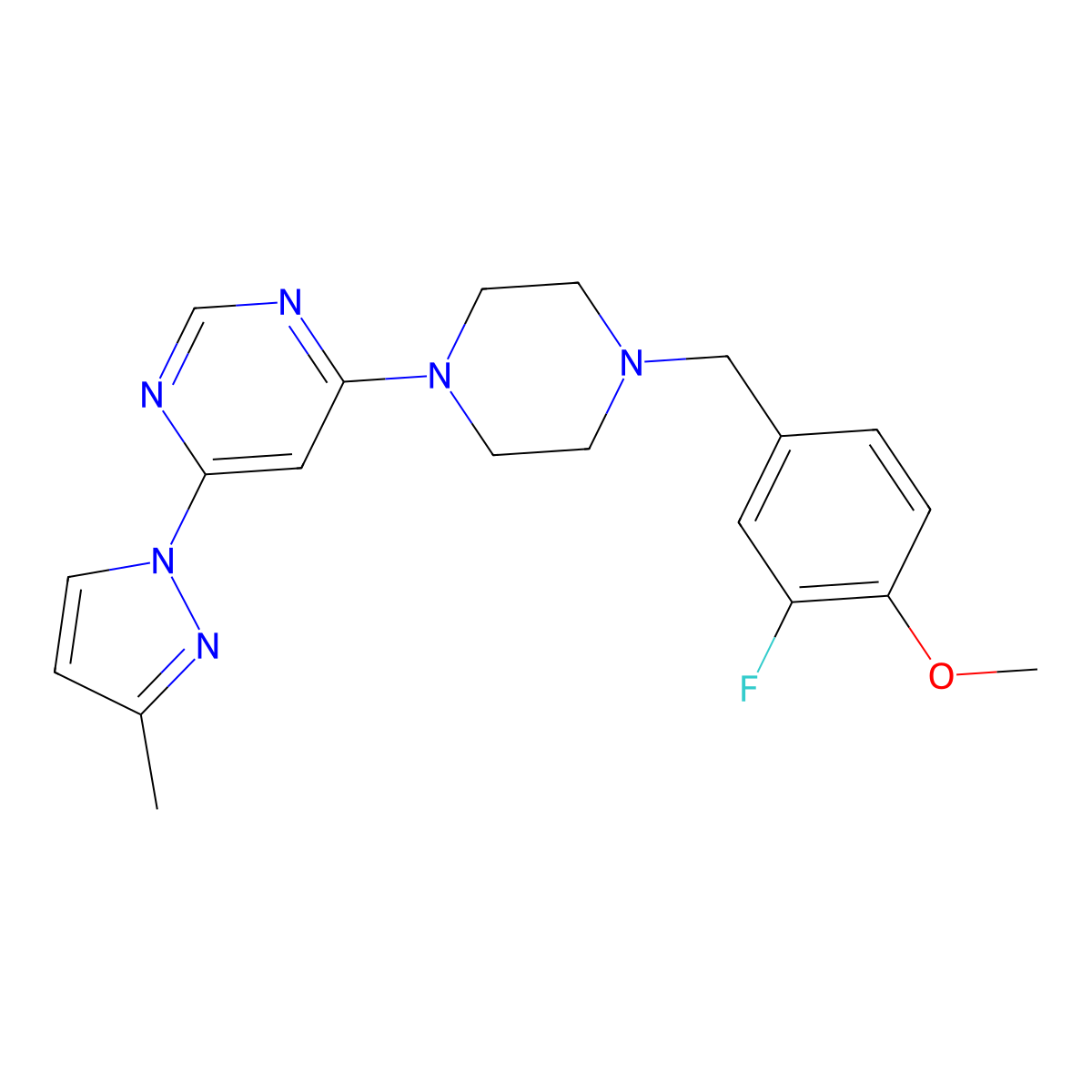 4-{4-[(3-fluoro-4-methoxyphenyl)methyl]piperazin-1-yl}-6-(3-methyl-1H-pyrazol-1-yl)pyrimidine molecular structure, CAS 2877674-79-6