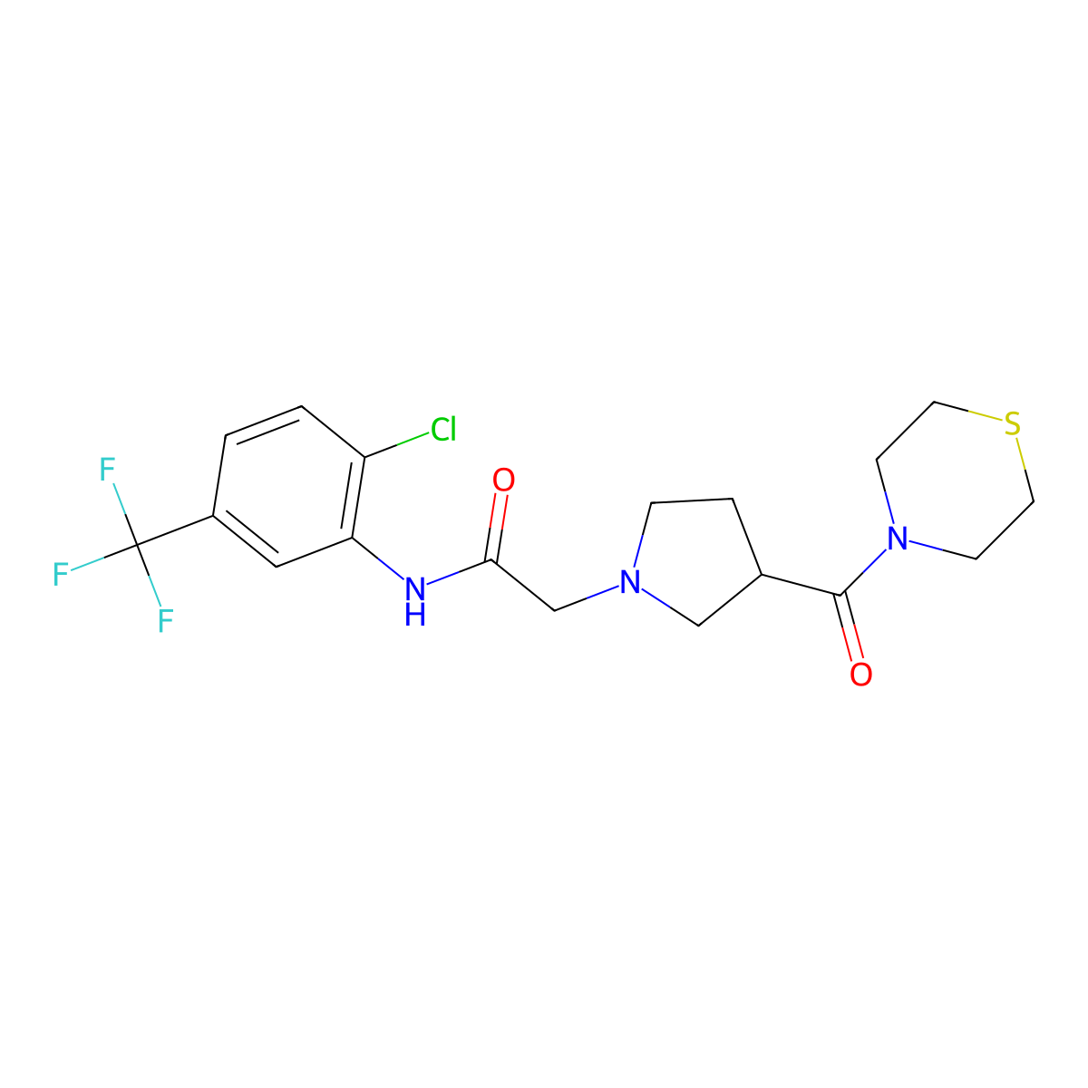 N-[2-chloro-5-(trifluoromethyl)phenyl]-2-[3-(thiomorpholine-4-carbonyl)pyrrolidin-1-yl]acetamide molecular structure, CAS 2877674-85-4