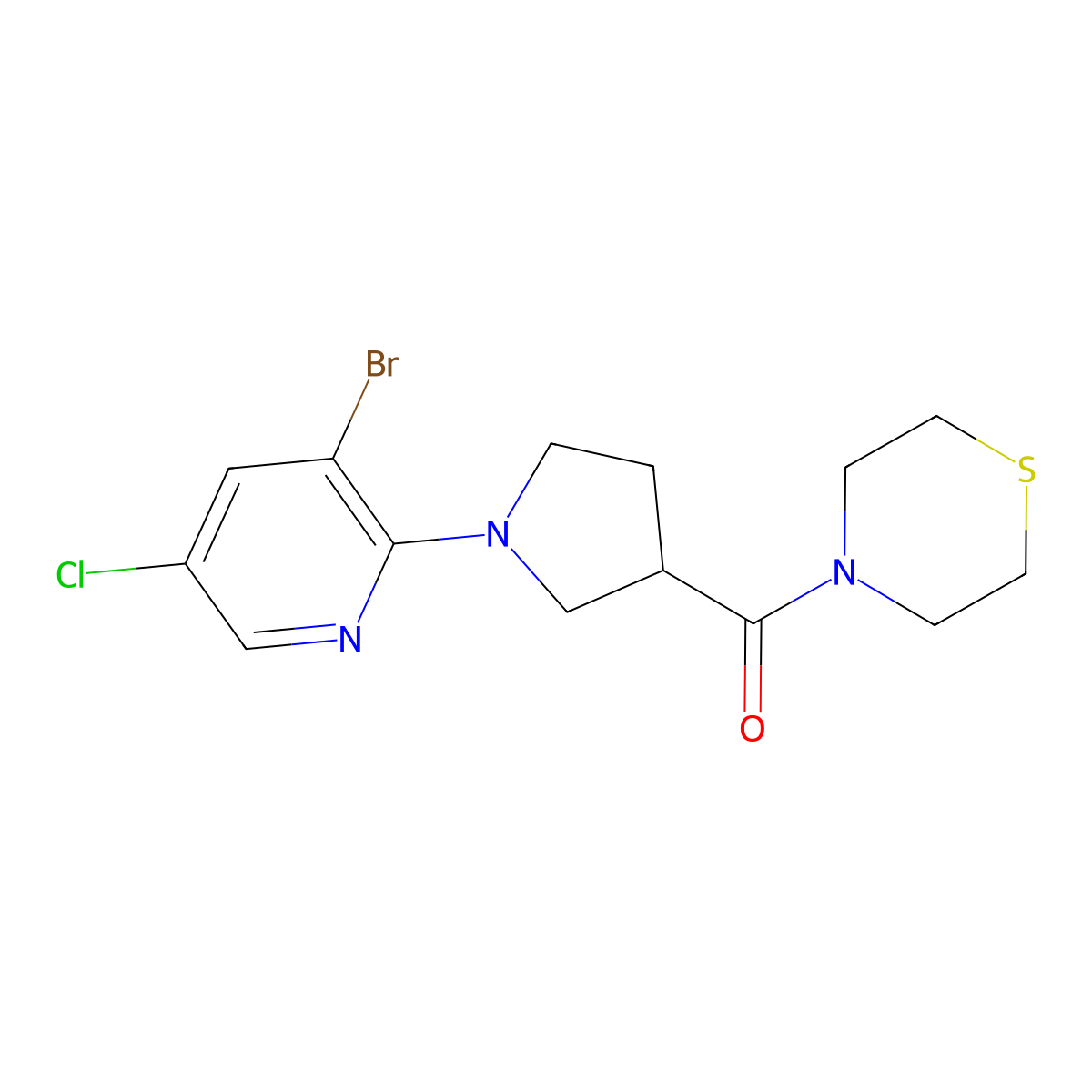 4-[1-(3-Bromo-5-chloropyridin-2-yl)pyrrolidine-3-carbonyl]thiomorpholine molecular structure, CAS 2877674-96-7