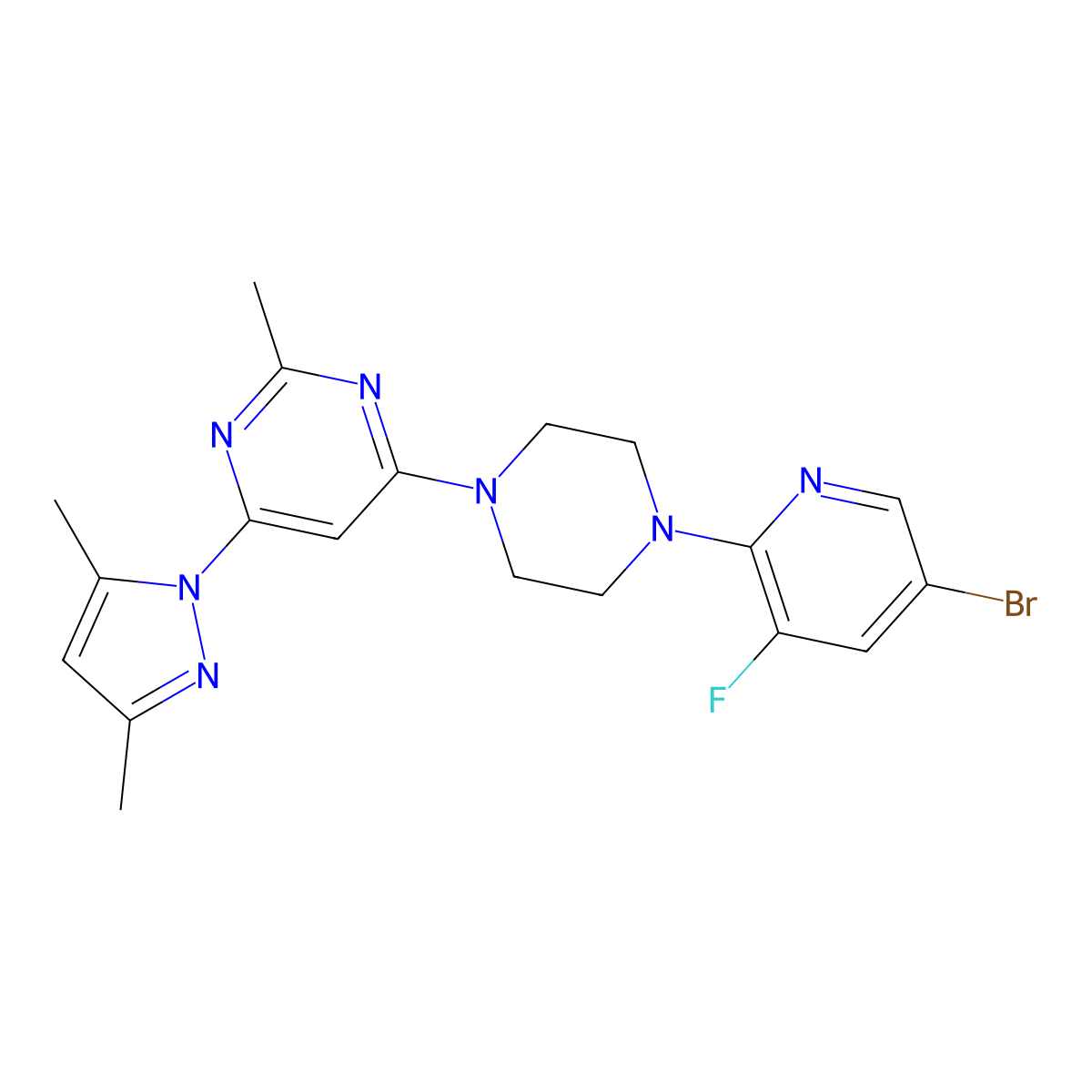4-[4-(5-bromo-3-fluoropyridin-2-yl)piperazin-1-yl]-6-(3,5-dimethyl-1H-pyrazol-1-yl)-2-methylpyrimidine molecular structure, CAS 2877674-99-0