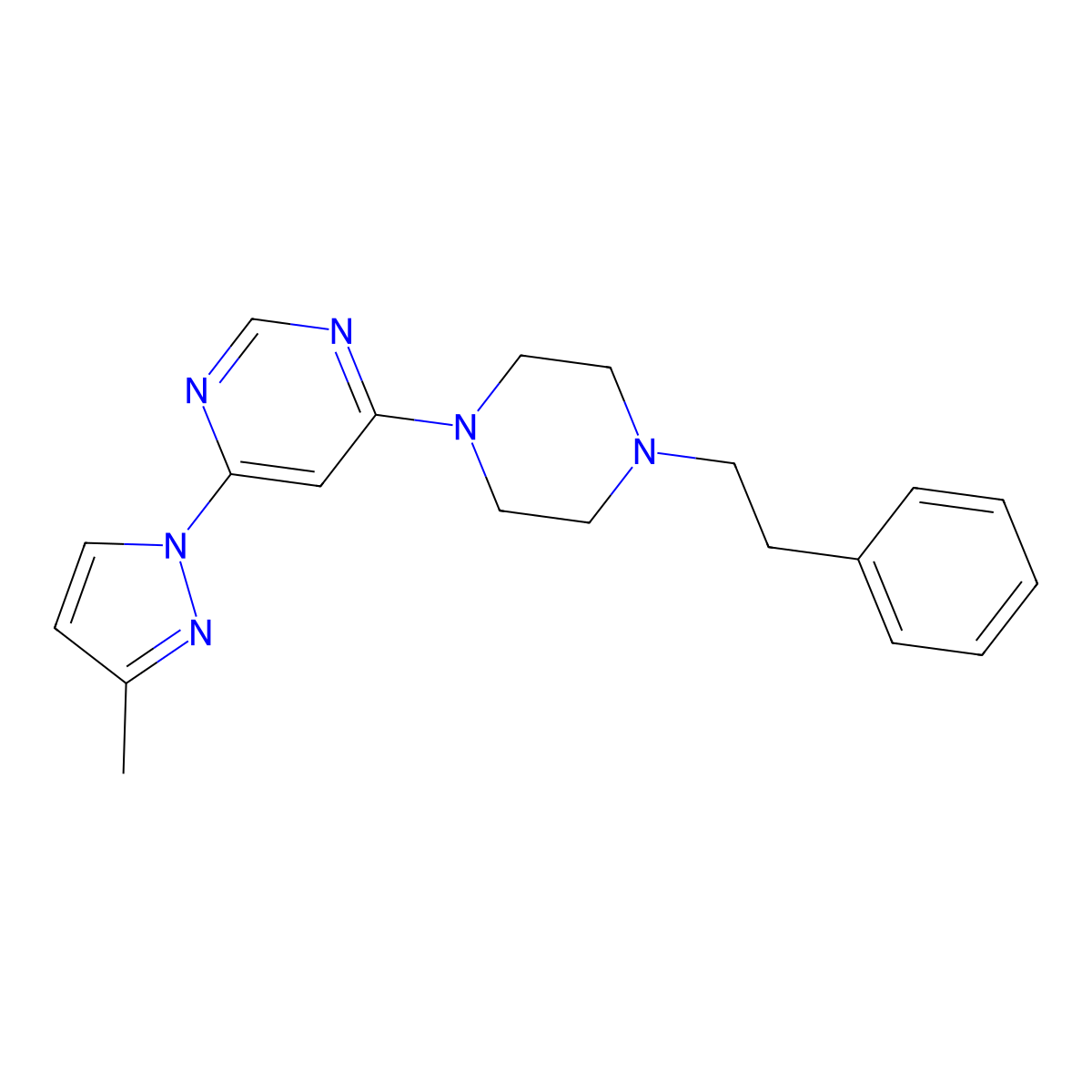 4-(3-methyl-1H-pyrazol-1-yl)-6-[4-(2-phenylethyl)piperazin-1-yl]pyrimidine molecular structure, CAS 2877675-05-1