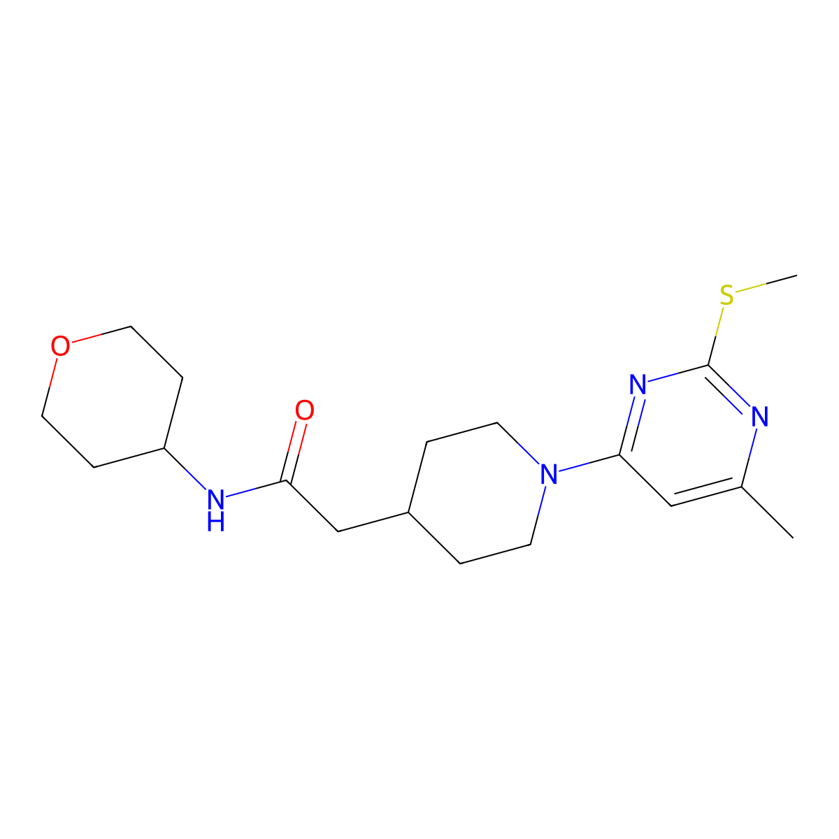 2-{1-[6-methyl-2-(methylsulfanyl)pyrimidin-4-yl]piperidin-4-yl}-N-(oxan-4-yl)acetamide molecular structure, CAS 2877675-24-4