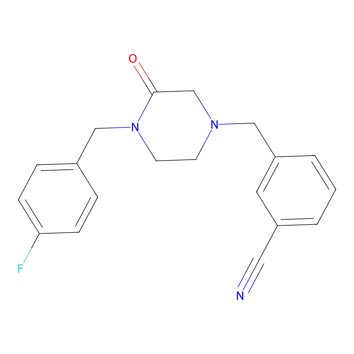 3-({4-[(4-Fluorophenyl)methyl]-3-oxopiperazin-1-yl}methyl)benzonitrile molecular structure, CAS 2877675-45-9