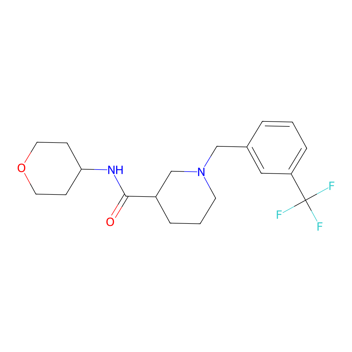 N-(oxan-4-yl)-1-{[3-(trifluoromethyl)phenyl]methyl}piperidine-3-carboxamide molecular structure, CAS 2877675-50-6