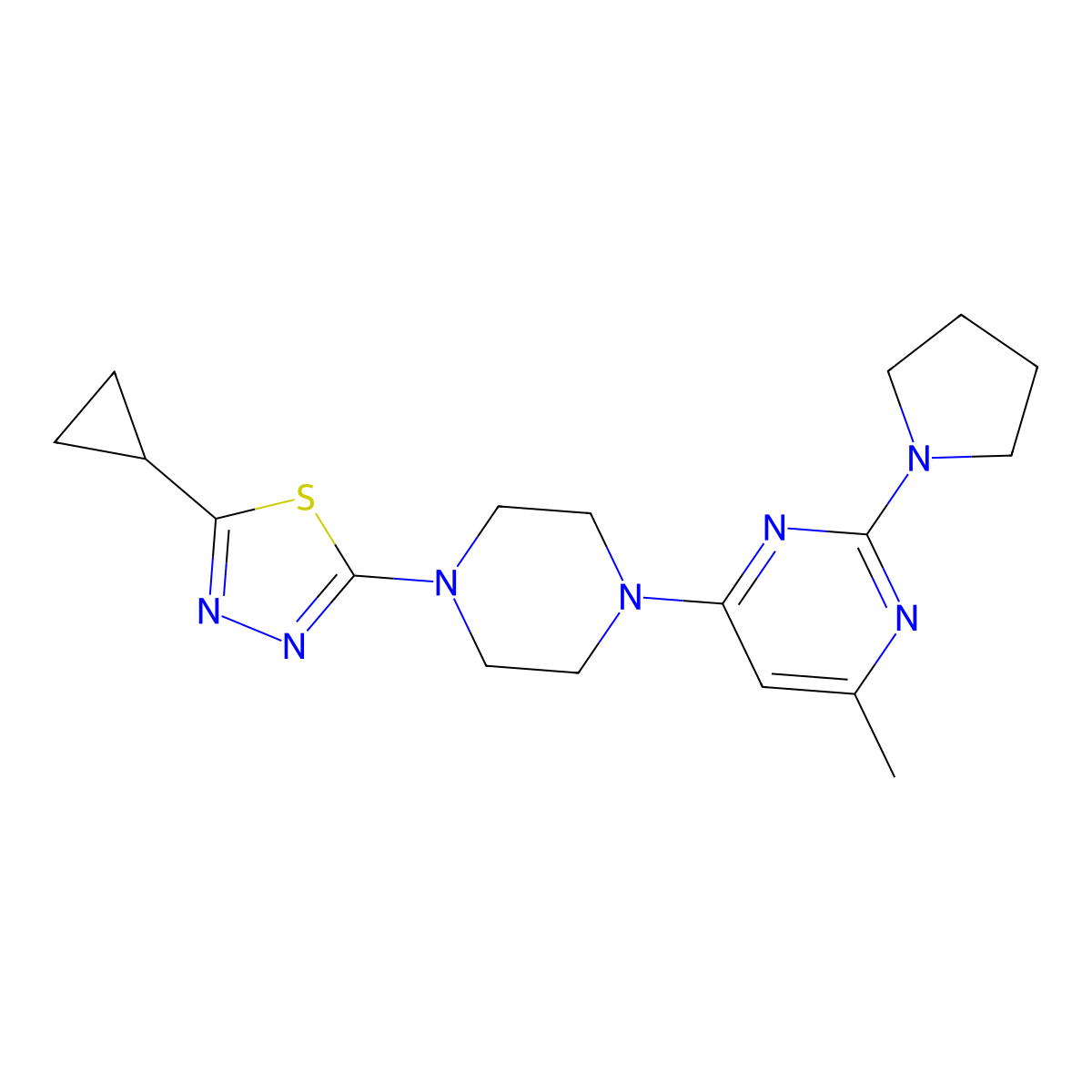 4-[4-(5-Cyclopropyl-1,3,4-thiadiazol-2-yl)piperazin-1-yl]-6-methyl-2-(pyrrolidin-1-yl)pyrimidine molecular structure, CAS 2877675-64-2
