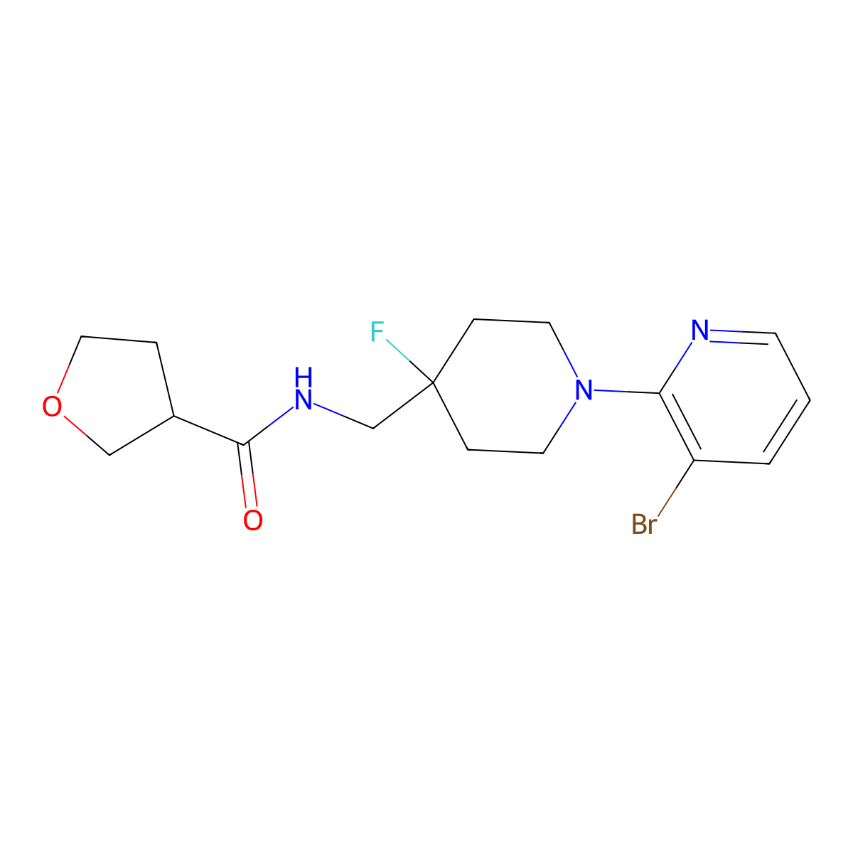 N-{[1-(3-bromopyridin-2-yl)-4-fluoropiperidin-4-yl]methyl}oxolane-3-carboxamide molecular structure, CAS 2877675-68-6