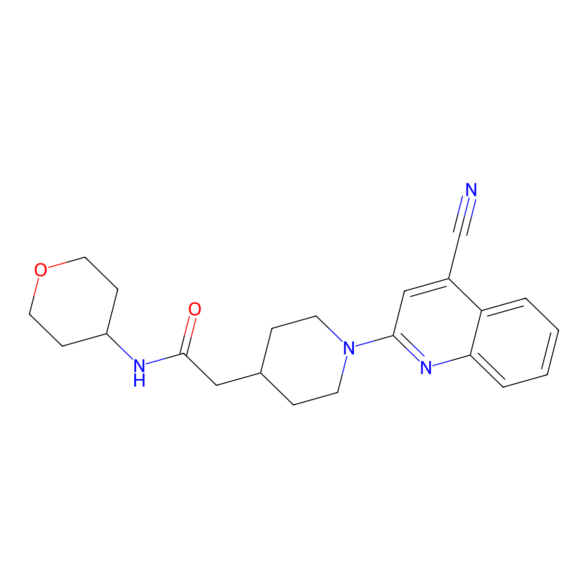 2-[1-(4-cyanoquinolin-2-yl)piperidin-4-yl]-N-(oxan-4-yl)acetamide molecular structure, CAS 2877675-76-6