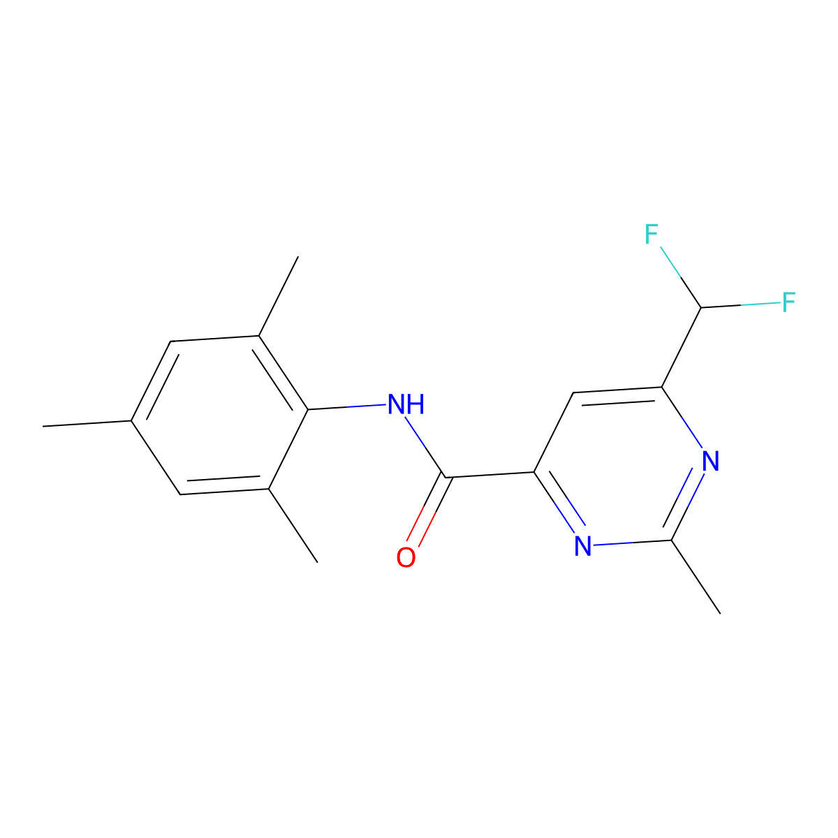 6-(difluoromethyl)-2-methyl-N-(2,4,6-trimethylphenyl)pyrimidine-4-carboxamide molecular structure, CAS 2877675-81-3