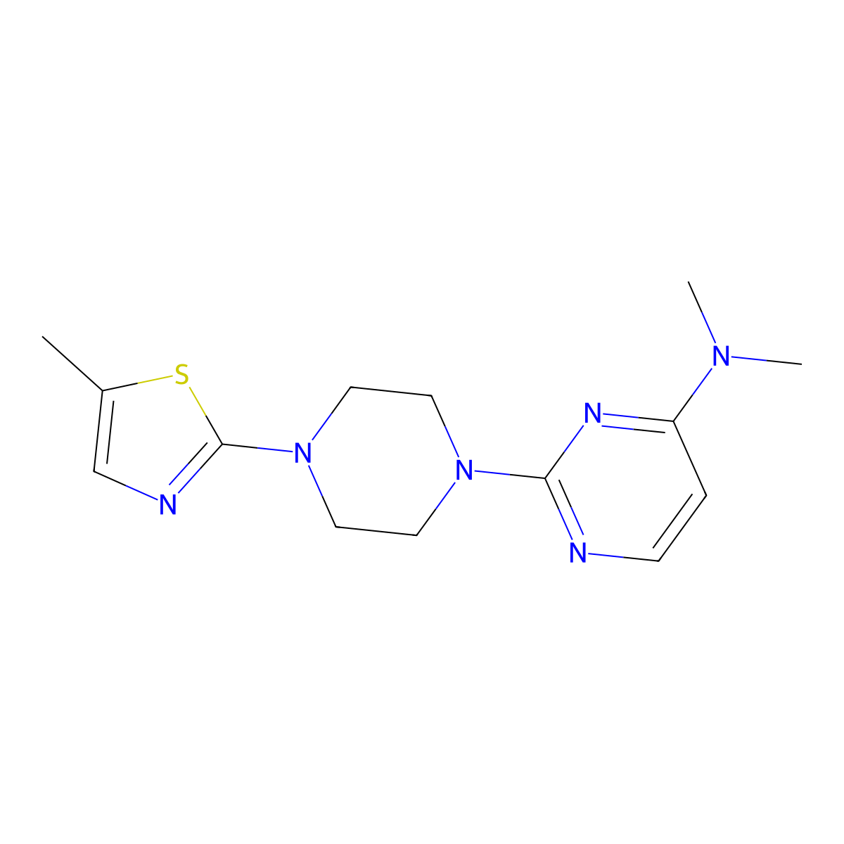 N,N-dimethyl-2-[4-(5-methyl-1,3-thiazol-2-yl)piperazin-1-yl]pyrimidin-4-amine molecular structure, CAS 2877675-84-6