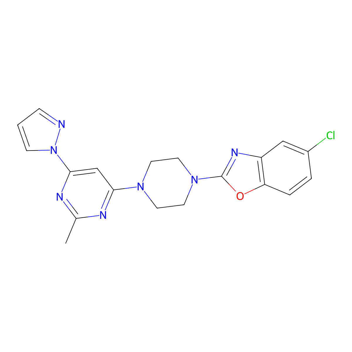 5-chloro-2-{4-[2-methyl-6-(1H-pyrazol-1-yl)pyrimidin-4-yl]piperazin-1-yl}-1,3-benzoxazole molecular structure, CAS 2877675-85-7