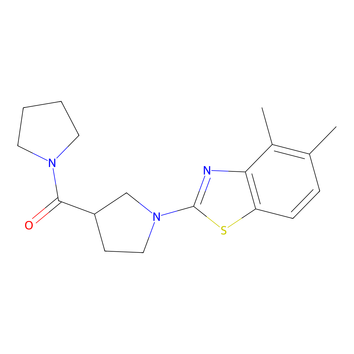4,5-Dimethyl-2-[3-(pyrrolidine-1-carbonyl)pyrrolidin-1-yl]-1,3-benzothiazole molecular structure, CAS 2877675-86-8