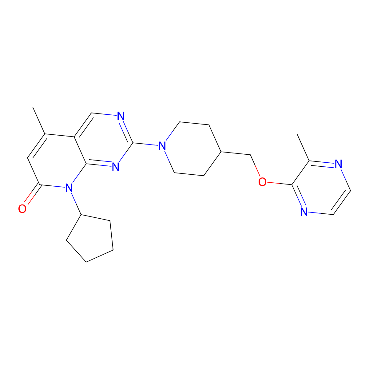 8-cyclopentyl-5-methyl-2-(4-{[(3-methylpyrazin-2-yl)oxy]methyl}piperidin-1-yl)-7H,8H-pyrido[2,3-d]pyrimidin-7-one molecular structure, CAS 2877675-92-6