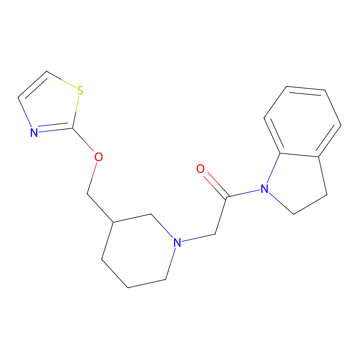 1-(2,3-dihydro-1H-indol-1-yl)-2-{3-[(1,3-thiazol-2-yloxy)methyl]piperidin-1-yl}ethan-1-one molecular structure, CAS 2877675-96-0