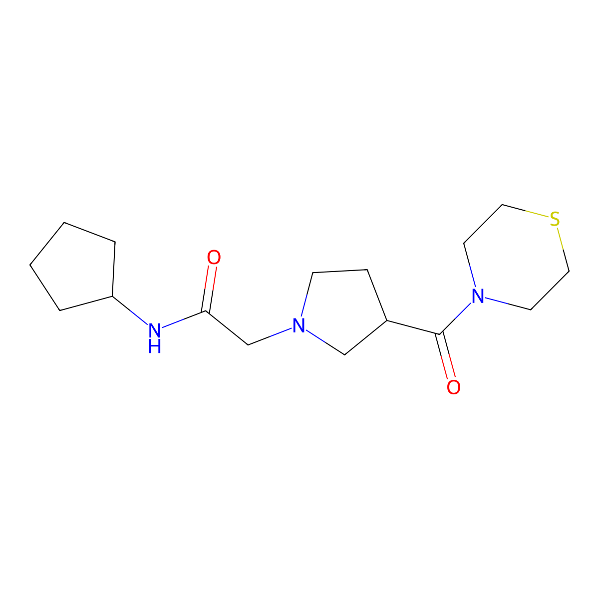N-cyclopentyl-2-[3-(thiomorpholine-4-carbonyl)pyrrolidin-1-yl]acetamide molecular structure, CAS 2877676-00-9