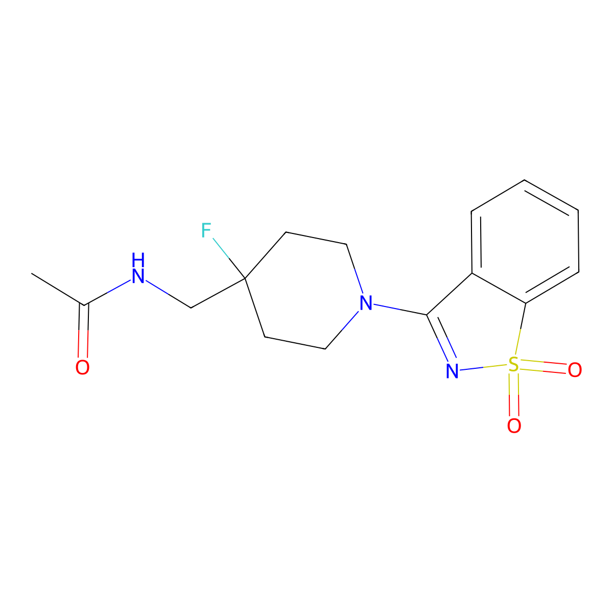 N-[[1-(1,1-dioxo-1,2-benzothiazol-3-yl)-4-fluoropiperidin-4-yl]methyl]acetamide molecular structure, CAS 2877676-17-8