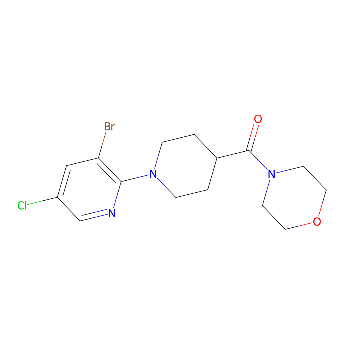 4-[1-(3-Bromo-5-chloropyridin-2-yl)piperidine-4-carbonyl]morpholine molecular structure, CAS 2877676-18-9