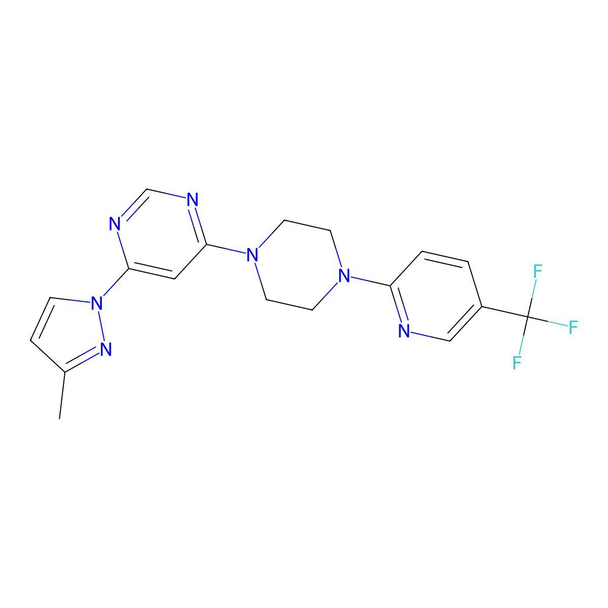 4-(3-methyl-1H-pyrazol-1-yl)-6-{4-[5-(trifluoromethyl)pyridin-2-yl]piperazin-1-yl}pyrimidine molecular structure, CAS 2877676-19-0