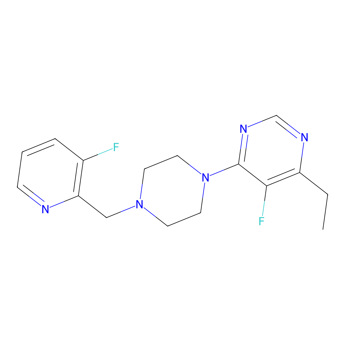 4-Ethyl-5-fluoro-6-{4-[(3-fluoropyridin-2-yl)methyl]piperazin-1-yl}pyrimidine molecular structure, CAS 2877676-23-6