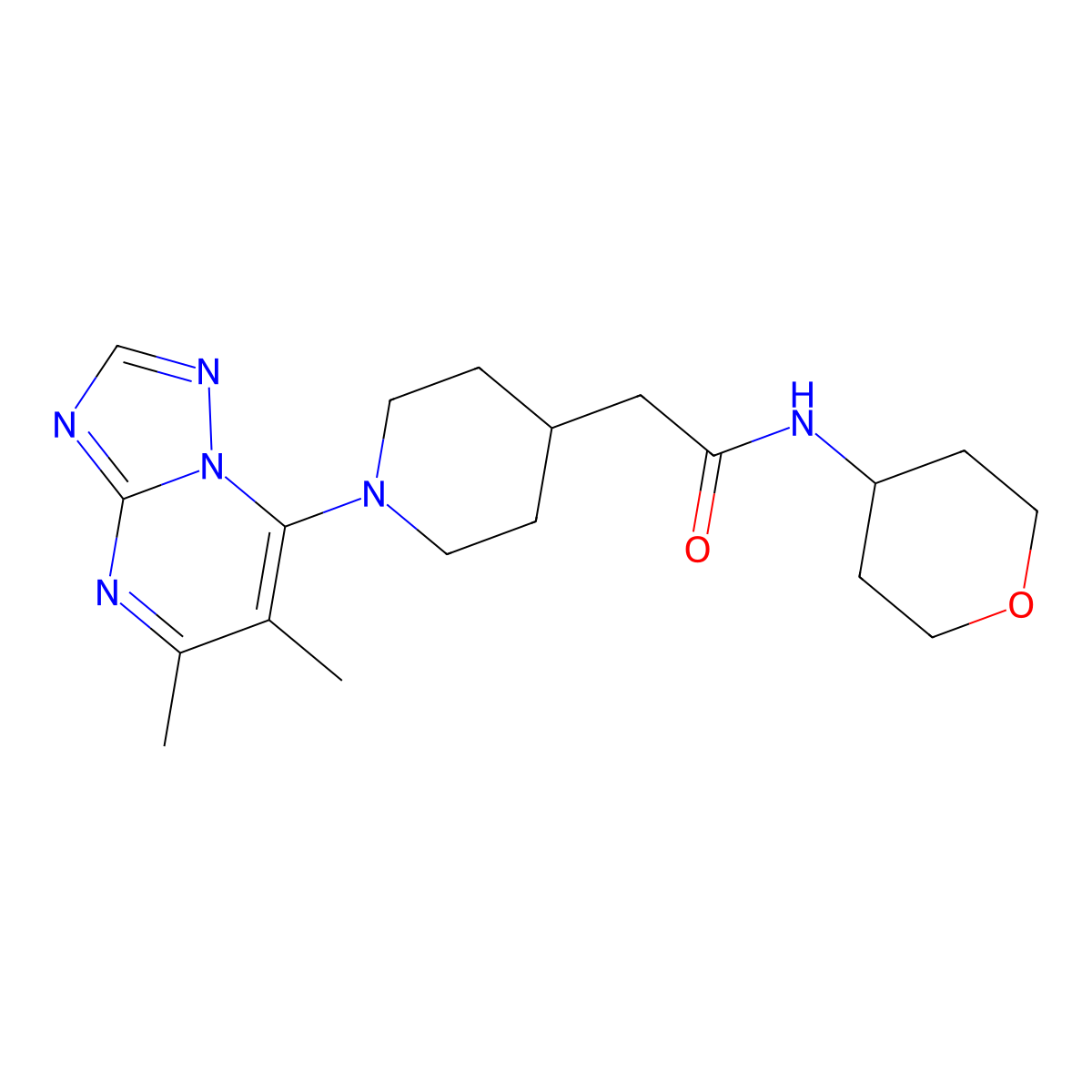 2-(1-{5,6-dimethyl-[1,2,4]triazolo[1,5-a]pyrimidin-7-yl}piperidin-4-yl)-N-(oxan-4-yl)acetamide molecular structure, CAS 2877676-24-7