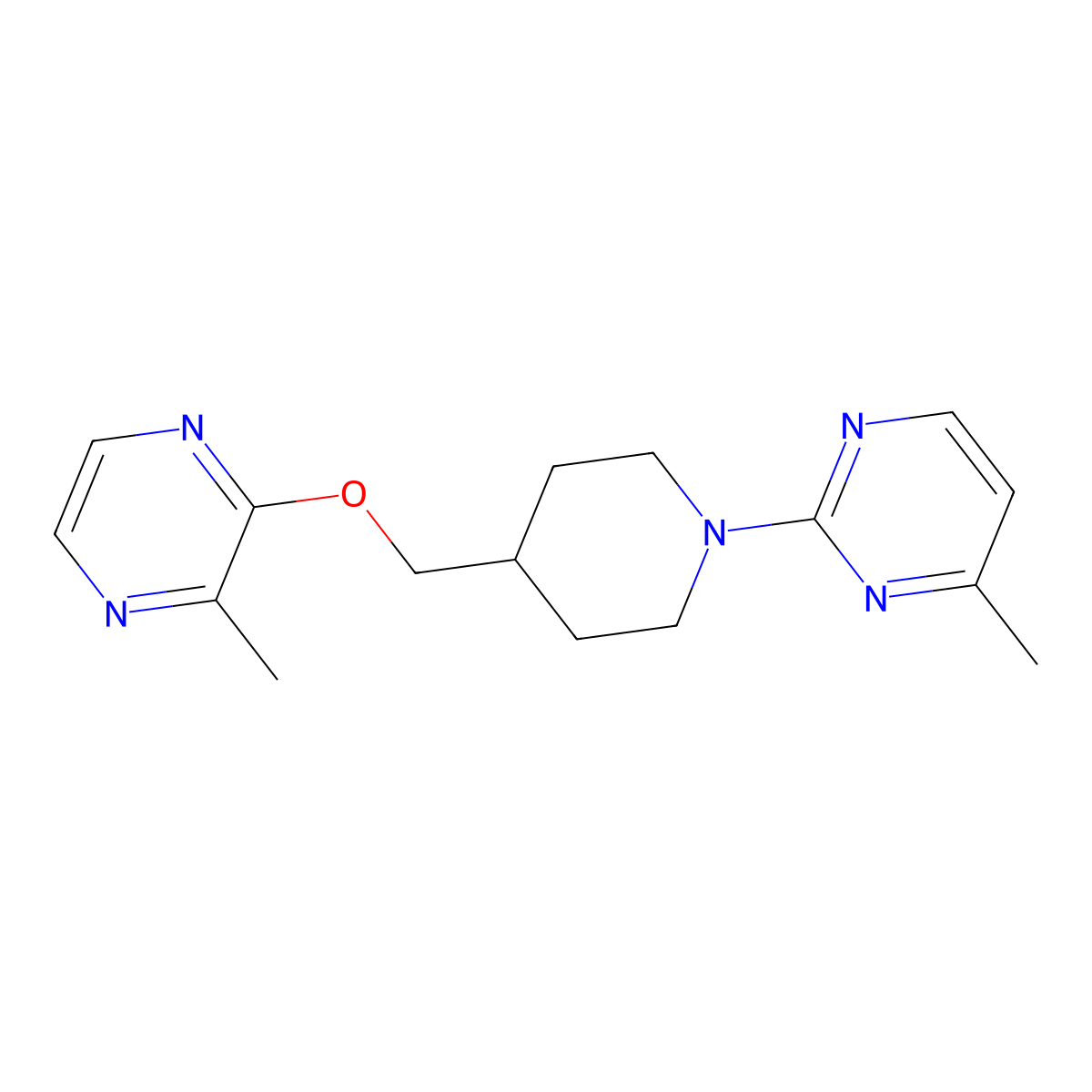 4-Methyl-2-(4-{[(3-methylpyrazin-2-yl)oxy]methyl}piperidin-1-yl)pyrimidine molecular structure, CAS 2877676-28-1