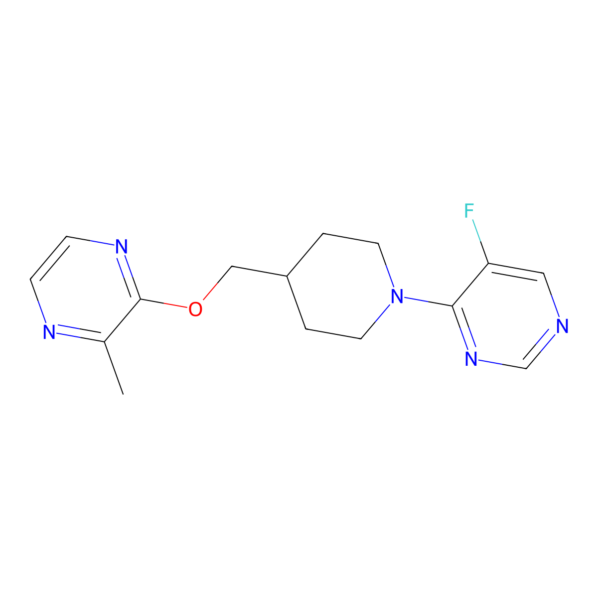 5-Fluoro-4-(4-{[(3-methylpyrazin-2-yl)oxy]methyl}piperidin-1-yl)pyrimidine molecular structure, CAS 2877676-30-5