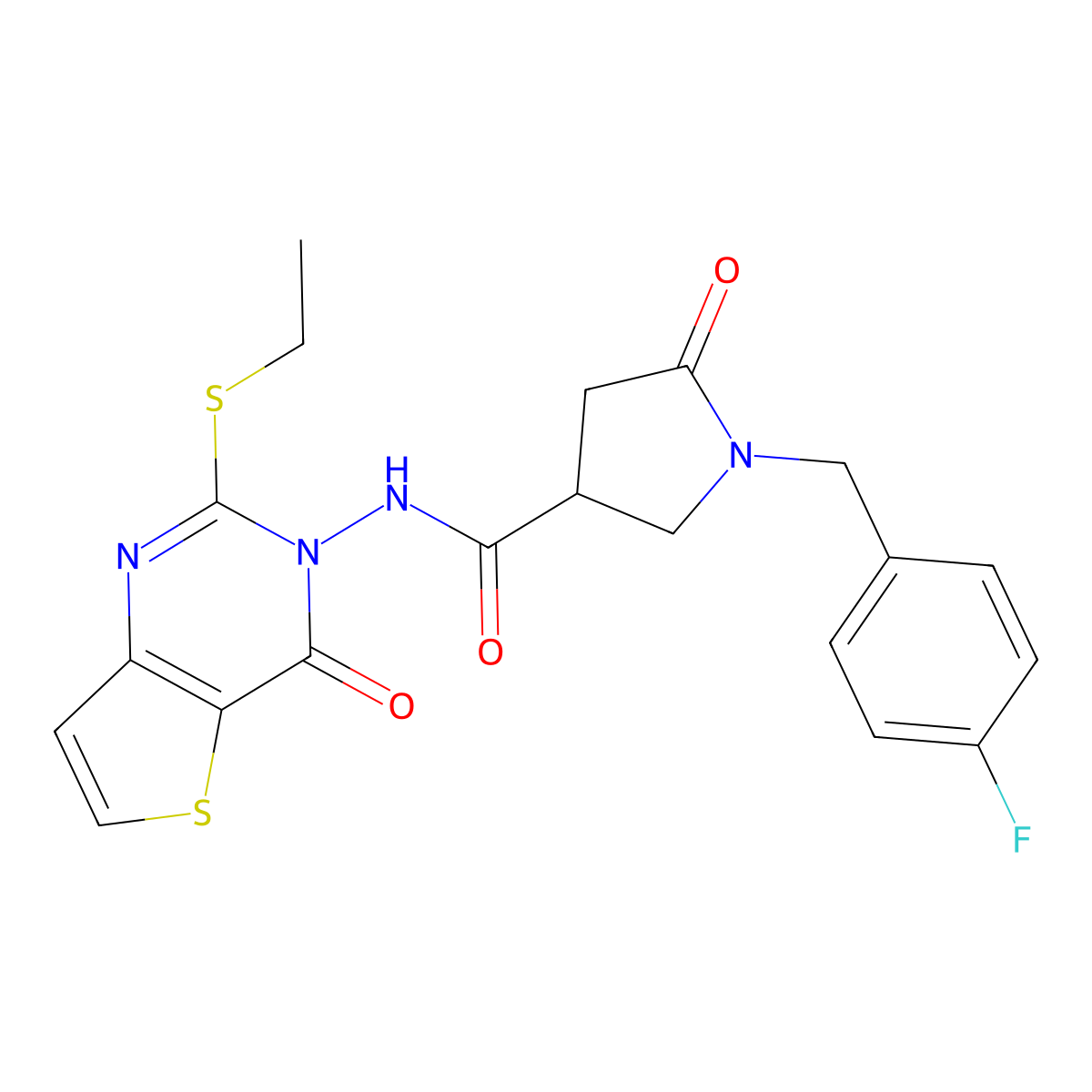 N-[2-(ethylsulfanyl)-4-oxo-3H,4H-thieno[3,2-d]pyrimidin-3-yl]-1-[(4-fluorophenyl)methyl]-5-oxopyrrolidine-3-carboxamide molecular structure, CAS 2877676-32-7