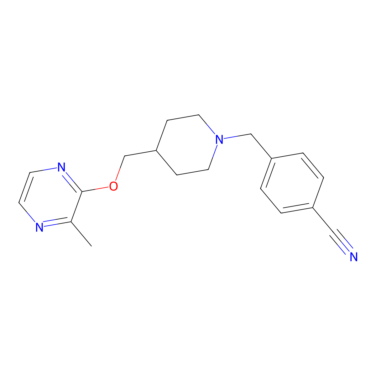 4-[(4-{[(3-Methylpyrazin-2-yl)oxy]methyl}piperidin-1-yl)methyl]benzonitrile molecular structure, CAS 2877676-35-0