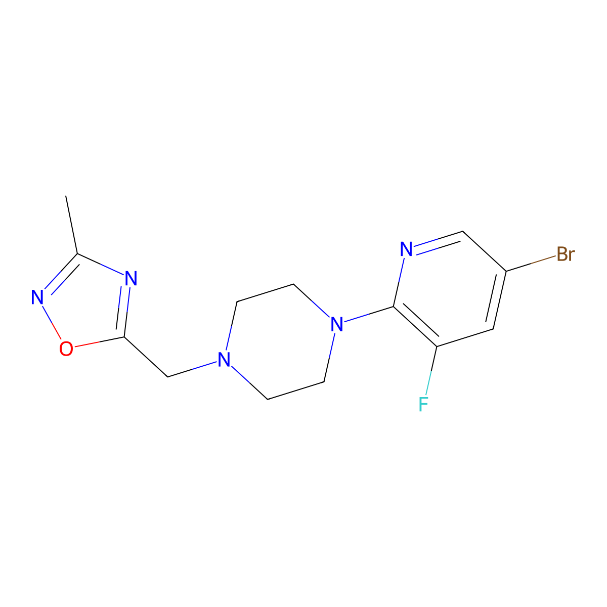 1-(5-Bromo-3-fluoropyridin-2-yl)-4-[(3-methyl-1,2,4-oxadiazol-5-yl)methyl]piperazine molecular structure, CAS 2877676-36-1