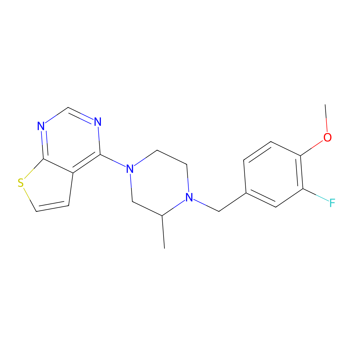 1-[(3-Fluoro-4-methoxyphenyl)methyl]-2-methyl-4-{thieno[2,3-d]pyrimidin-4-yl}piperazine molecular structure, CAS 2877676-45-2