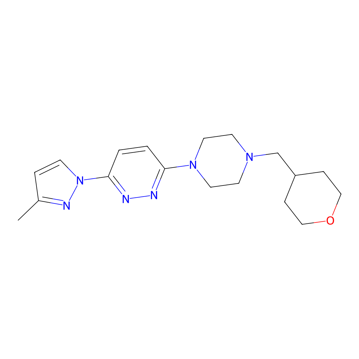 3-(3-methyl-1H-pyrazol-1-yl)-6-{4-[(oxan-4-yl)methyl]piperazin-1-yl}pyridazine molecular structure, CAS 2877676-54-3