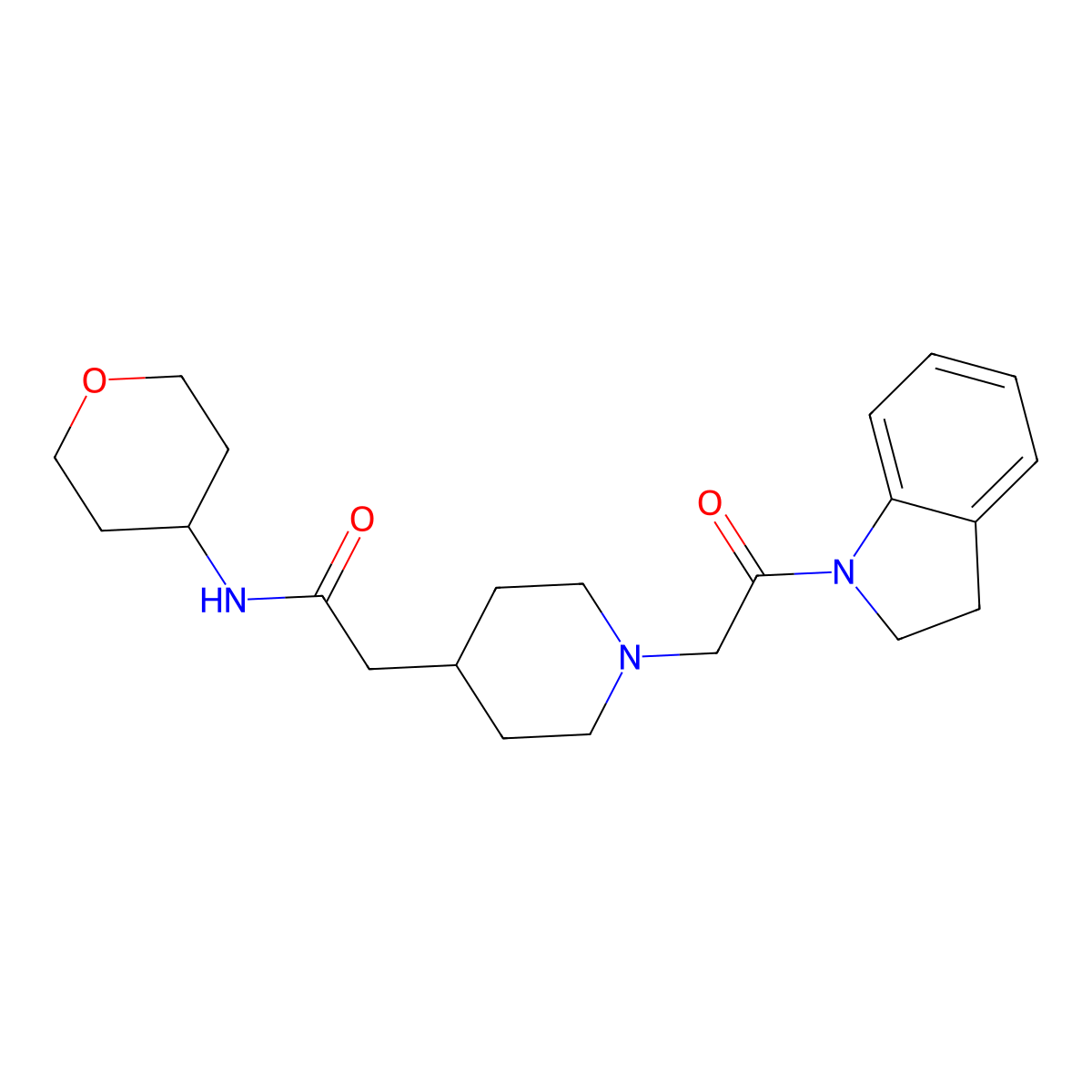 2-{1-[2-(2,3-dihydro-1H-indol-1-yl)-2-oxoethyl]piperidin-4-yl}-N-(oxan-4-yl)acetamide molecular structure, CAS 2877676-55-4