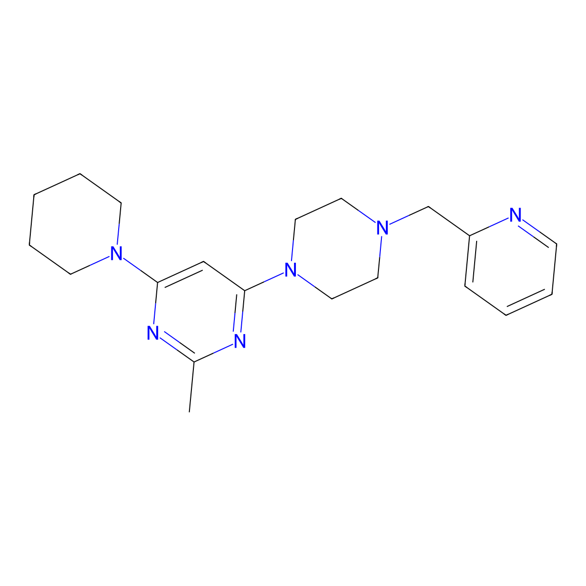 2-Methyl-4-(piperidin-1-yl)-6-{4-[(pyridin-2-yl)methyl]piperazin-1-yl}pyrimidine molecular structure, CAS 2877680-46-9