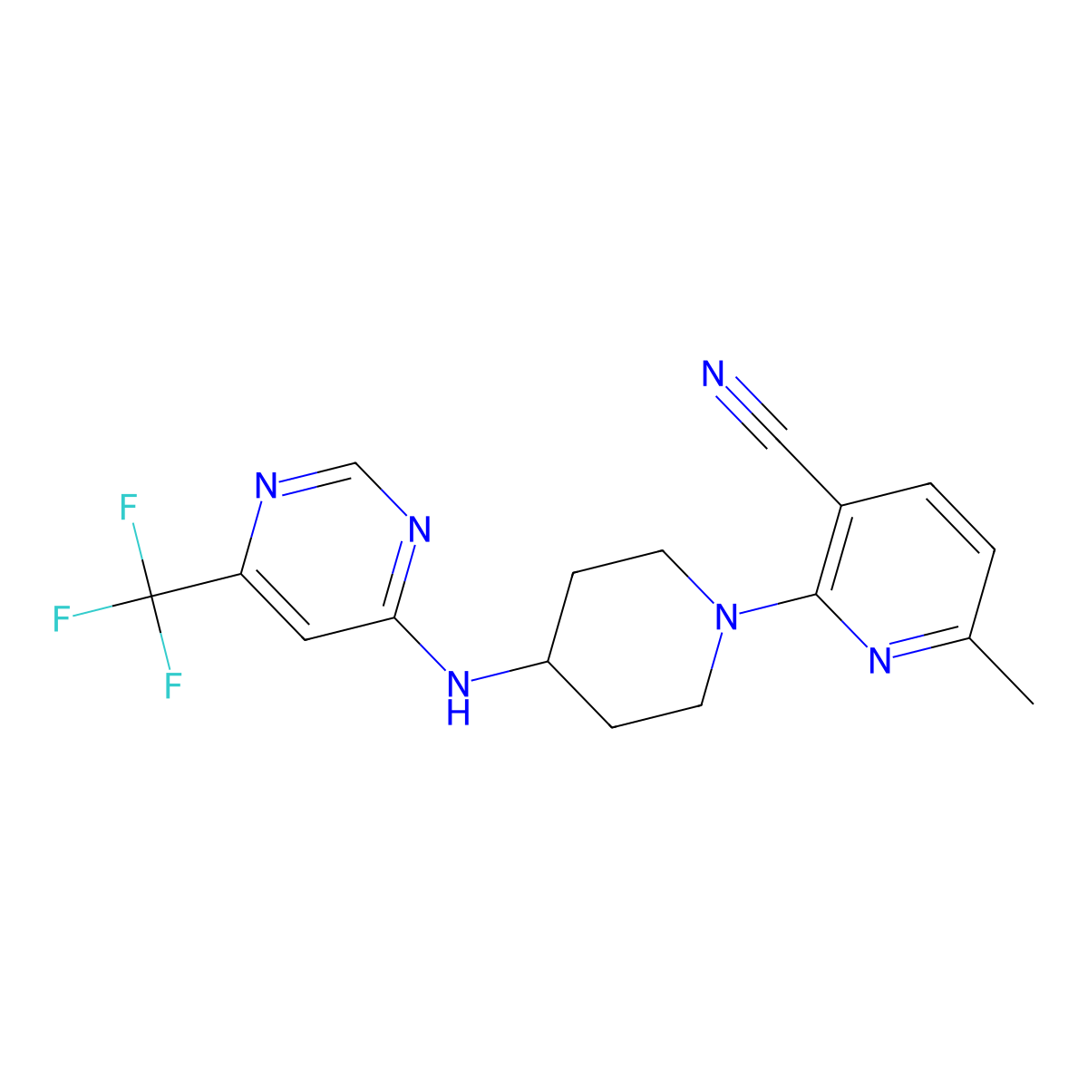 6-Methyl-2-(4-{[6-(trifluoromethyl)pyrimidin-4-yl]amino}piperidin-1-yl)pyridine-3-carbonitrile molecular structure, CAS 2877680-50-5