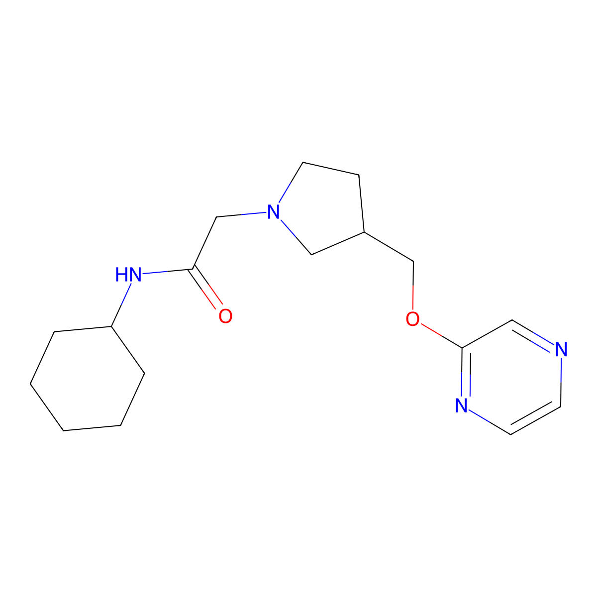 N-cyclohexyl-2-{3-[(pyrazin-2-yloxy)methyl]pyrrolidin-1-yl}acetamide molecular structure, CAS 2877680-51-6