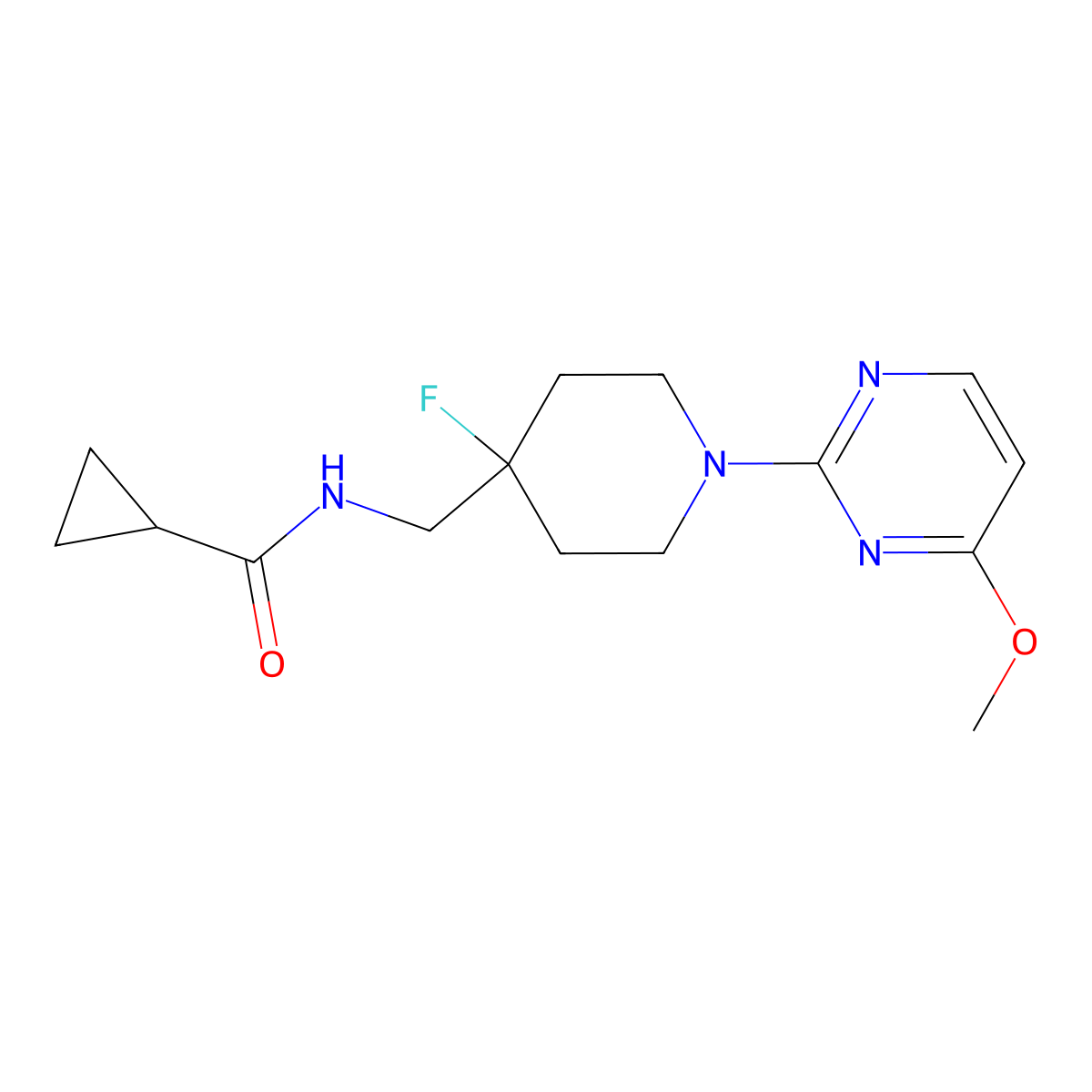 N-{[4-fluoro-1-(4-methoxypyrimidin-2-yl)piperidin-4-yl]methyl}cyclopropanecarboxamide molecular structure, CAS 2877680-63-0