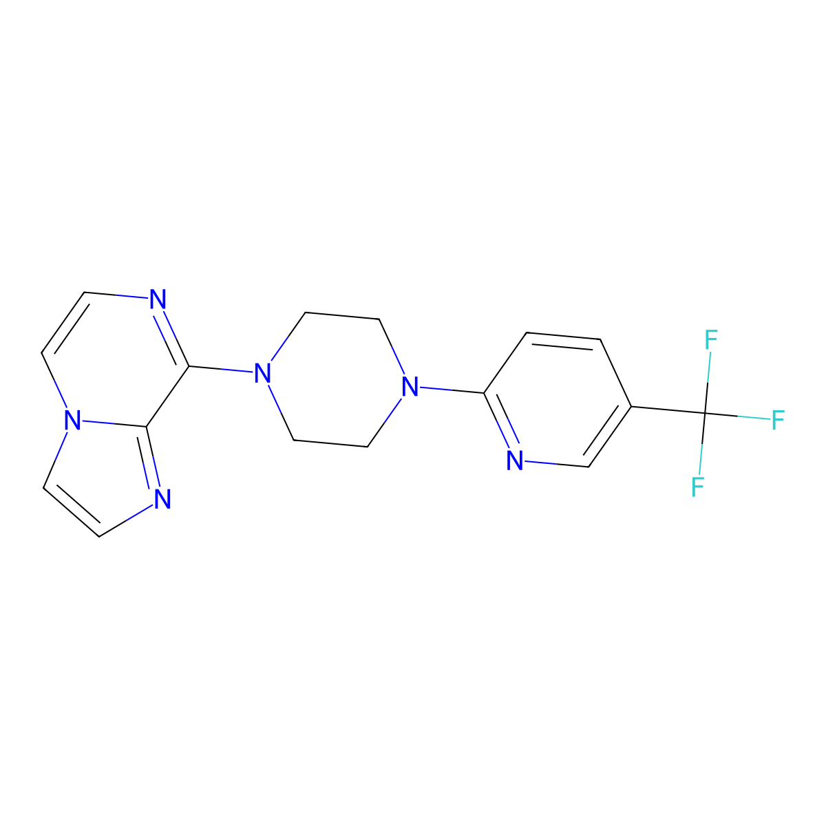 1-{Imidazo[1,2-a]pyrazin-8-yl}-4-[5-(trifluoromethyl)pyridin-2-yl]piperazine molecular structure, CAS 2877680-69-6